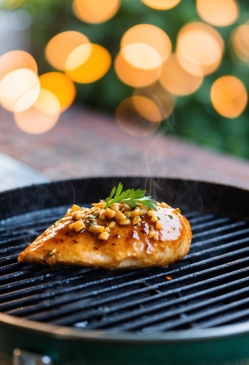 A sizzling chicken breast glazed in honey garlic sauce on a hot grill