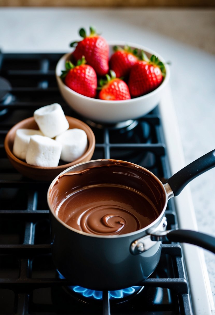 A small pot of melted chocolate sits on a stovetop, with a bowl of fresh strawberries and marshmallows nearby