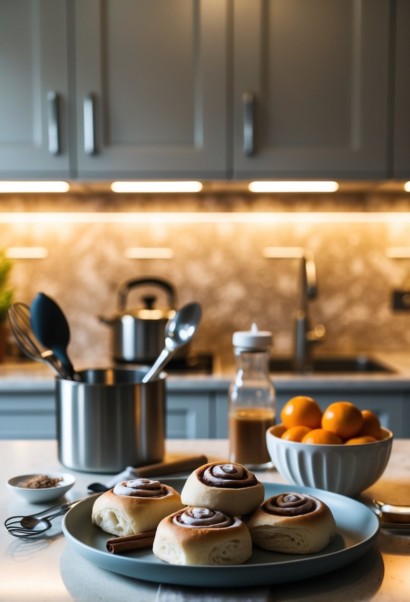 A kitchen counter with ingredients and utensils for making cinnamon rolls