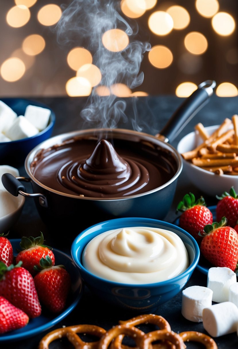 A table is set with a steaming pot of dark chocolate fondue and a bowl of creamy vanilla delight. Surrounding the table are an assortment of dippable treats like strawberries, marshmallows, and pretzels