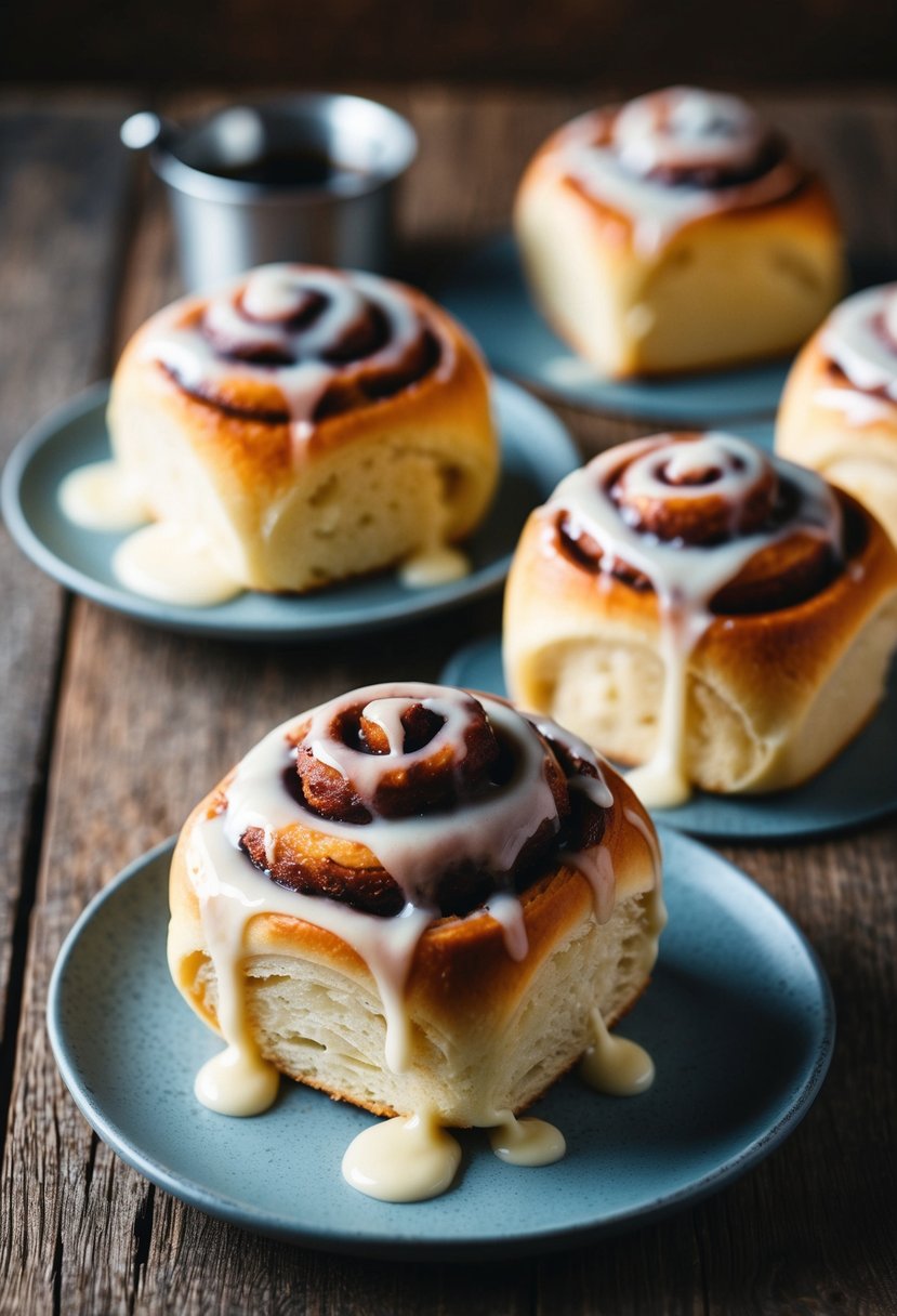 Freshly baked cinnamon rolls drizzled with vanilla glaze on a rustic wooden table