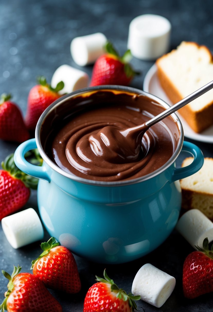 A bubbling pot of milk chocolate fondue surrounded by fresh strawberries, marshmallows, and bite-sized pieces of pound cake for dipping