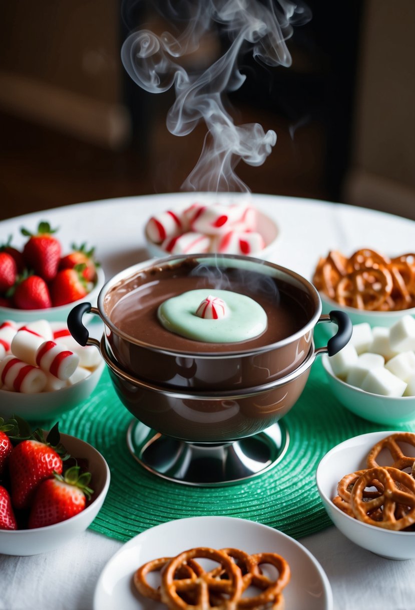 A table set with a steaming pot of minty peppermint chocolate fondue surrounded by an assortment of dippable treats such as strawberries, marshmallows, and pretzels