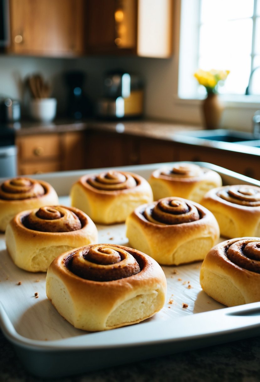 A warm, golden batch of homemade cinnamon rolls fresh from the oven, with a sweet aroma wafting through the kitchen