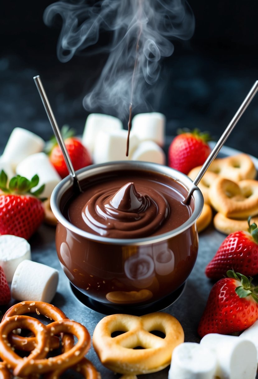 A steaming pot of bittersweet chocolate fondue surrounded by a variety of dippable treats such as strawberries, marshmallows, and pretzels