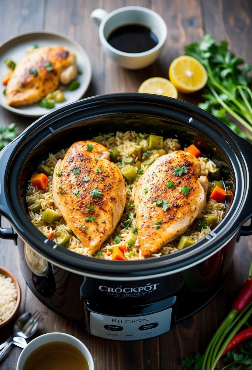 A crockpot filled with seasoned chicken breasts, surrounded by rice, vegetables, and broth