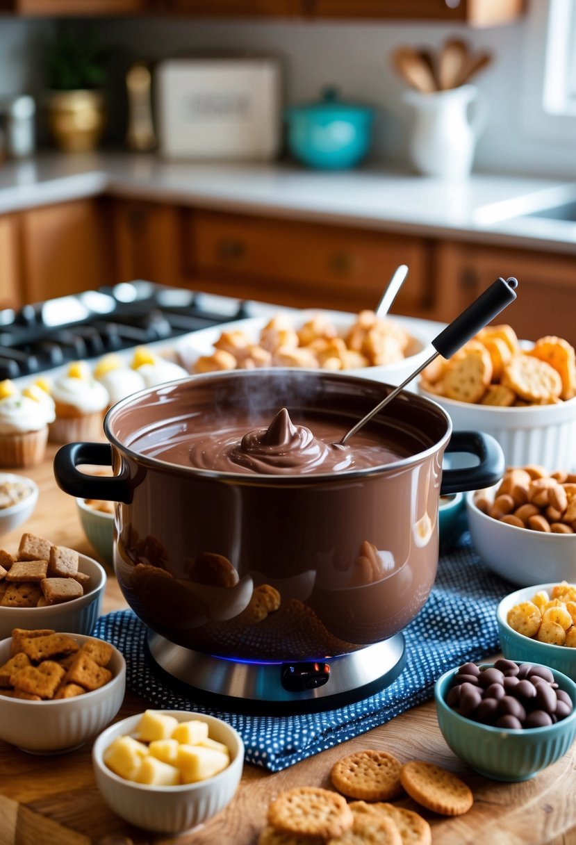 A cozy family kitchen with a bubbling pot of chocolate fondue surrounded by an assortment of dippable treats