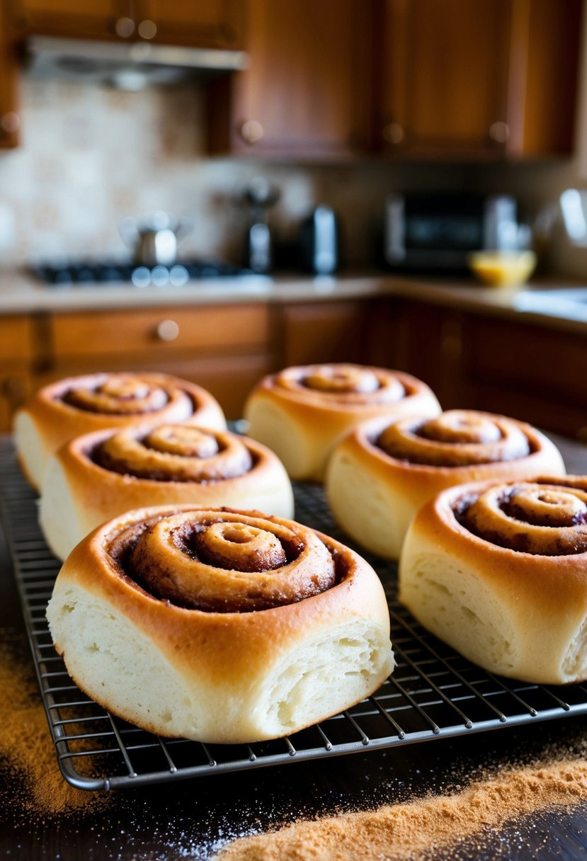 Freshly baked cinnamon rolls cooling on a wire rack, surrounded by a sprinkle of cinnamon and sugar. A warm, inviting kitchen in the background