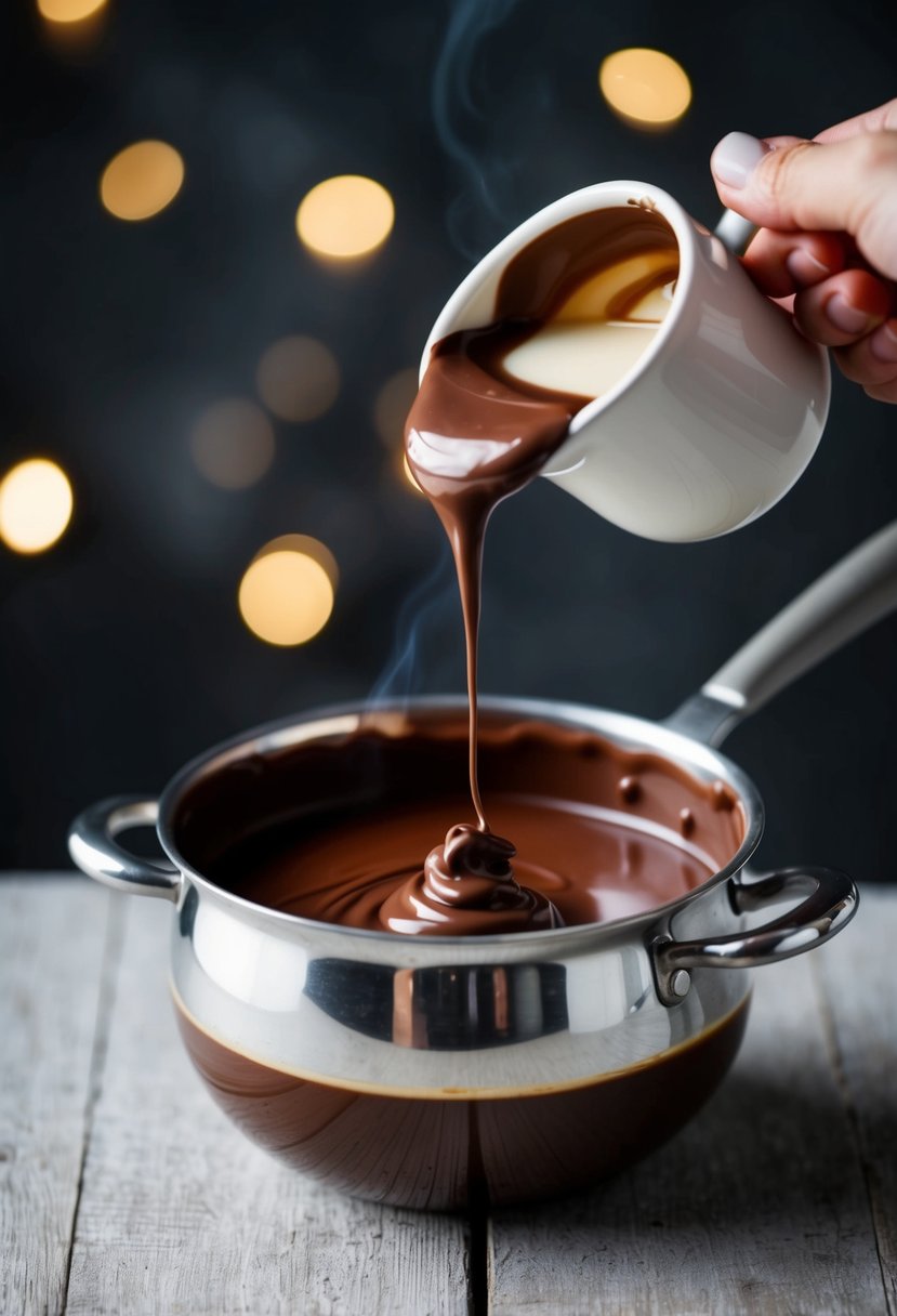 A pot of condensed milk and chocolate melting together over a low flame, creating a smooth and creamy fondue