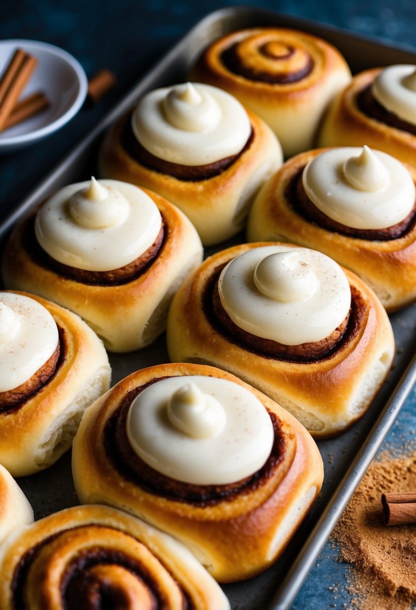 A tray of warm, golden cinnamon rolls topped with creamy frosting, surrounded by a sprinkle of cinnamon