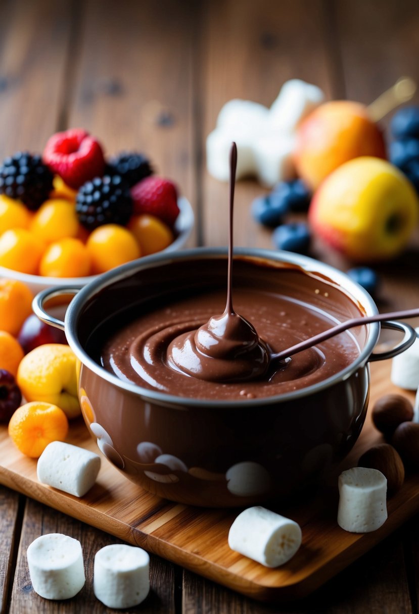 A warm pot of hazelnut chocolate fondue surrounded by assorted fruits and marshmallows on a wooden table