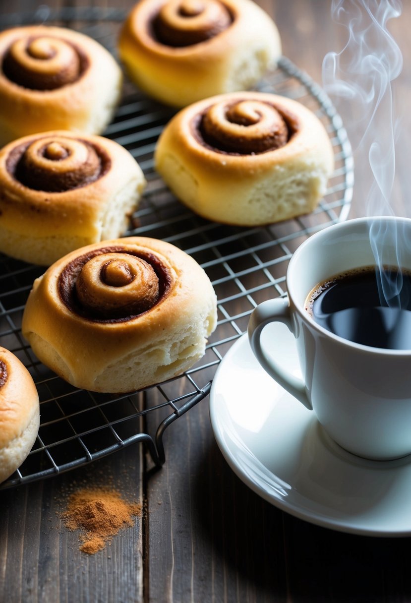 Freshly baked cinnamon rolls cooling on a wire rack, with a sprinkle of cinnamon on top, next to a steaming cup of coffee