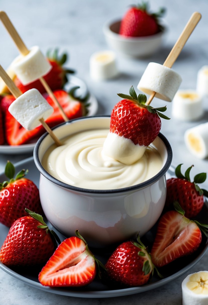 A bubbling pot of decadent white chocolate fondue surrounded by fresh strawberries, banana slices, and marshmallows on skewers