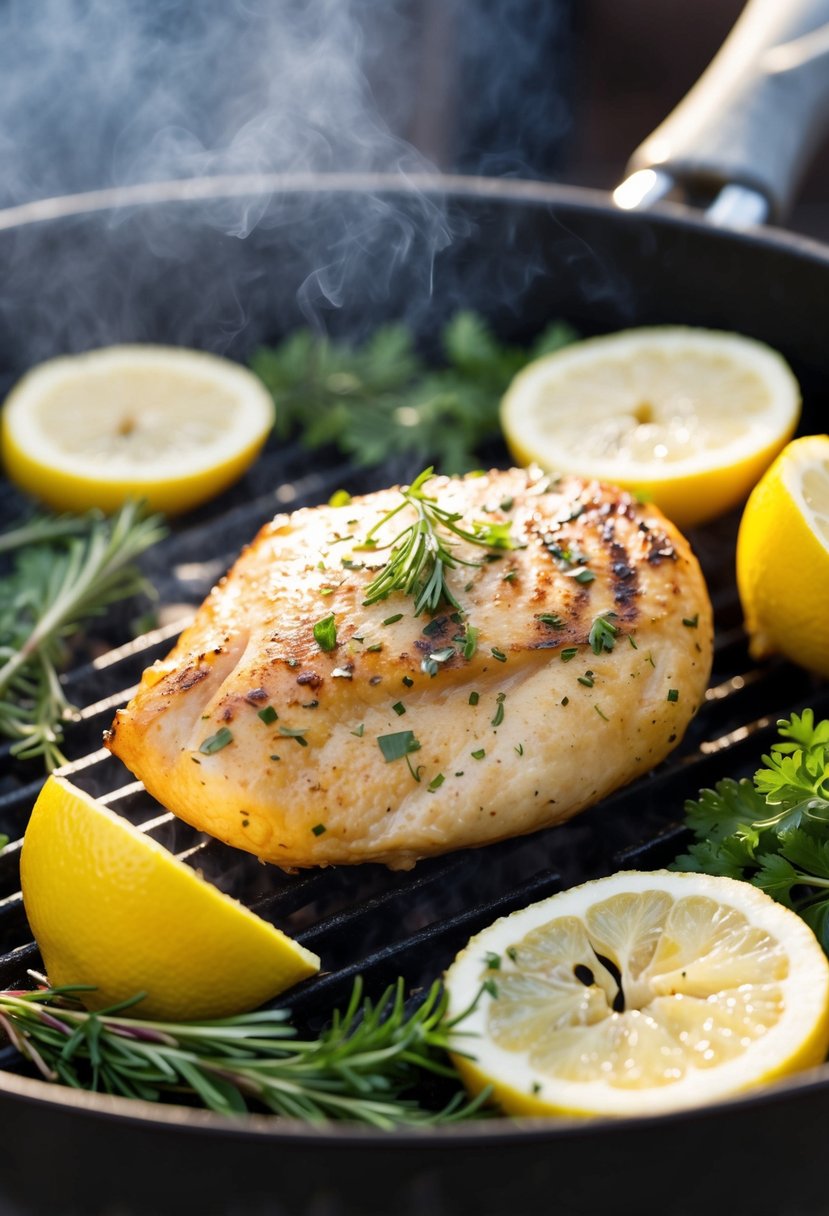 A plump chicken breast sizzling on a hot grill, surrounded by fresh herbs and slices of lemon