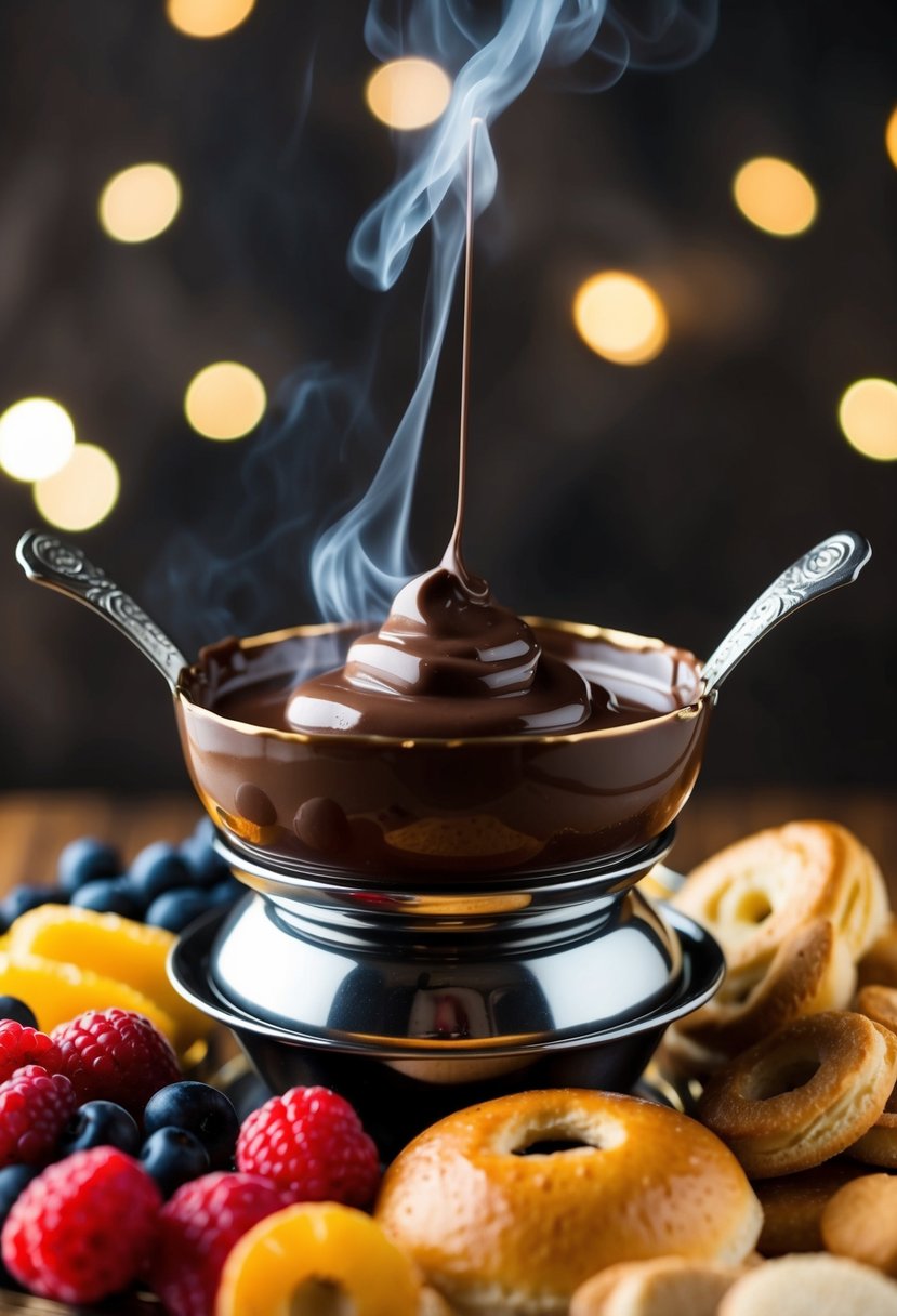 A steaming pot of dark chocolate fondue with a hint of coffee, surrounded by a variety of fruits and pastries for dipping