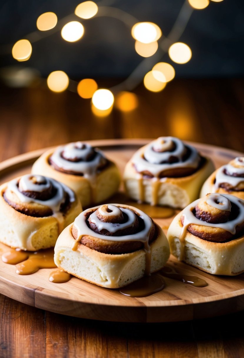 Freshly baked vegan cinnamon rolls drizzled with maple glaze on a wooden serving platter