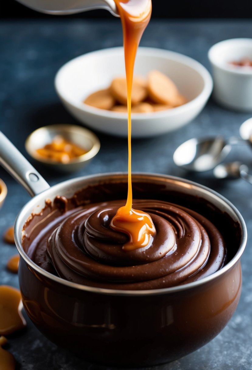 A rich, velvety chocolate fondue swirls in a warm pot, with caramel drizzling into the mix