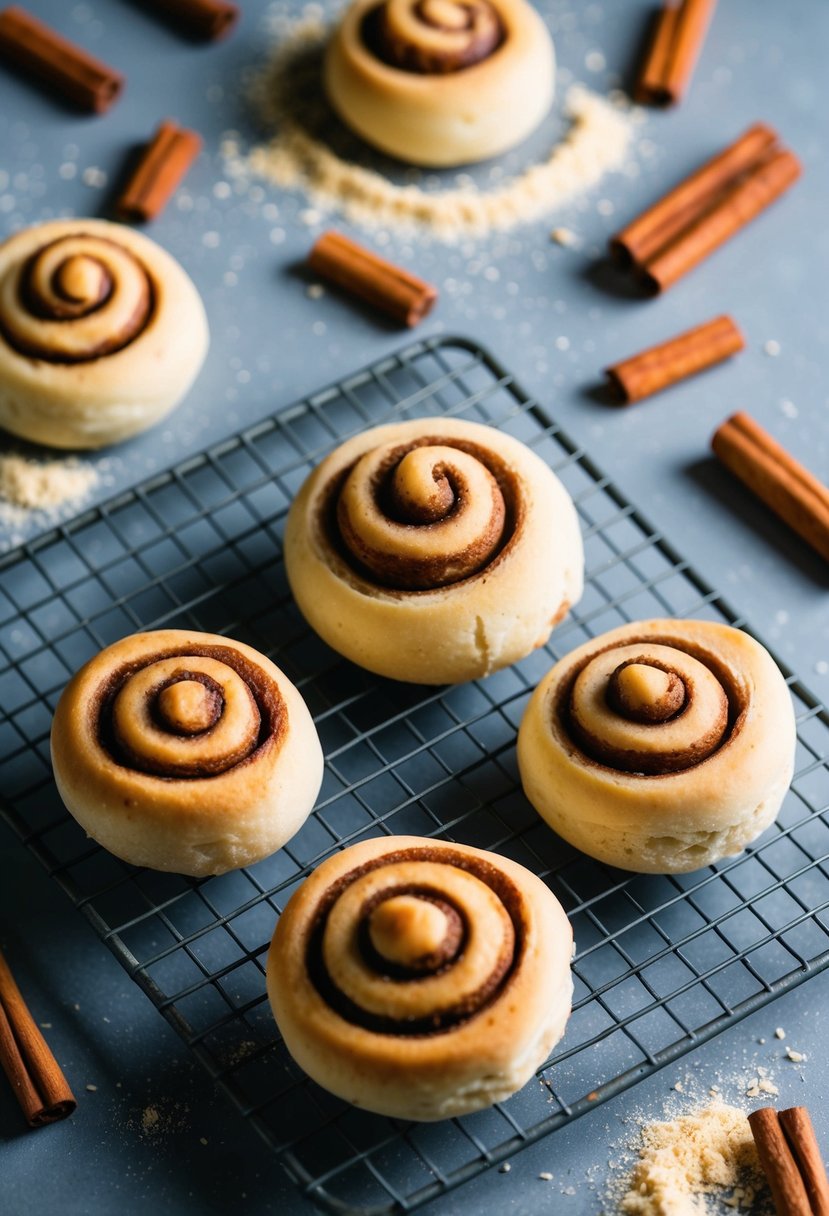 Freshly baked gluten-free cinnamon rolls cooling on a wire rack, surrounded by scattered almond flour and cinnamon sticks