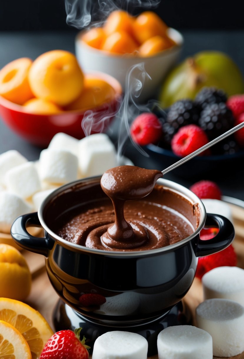 A steaming pot of spicy cinnamon chocolate fondue surrounded by assorted fruits and marshmallows