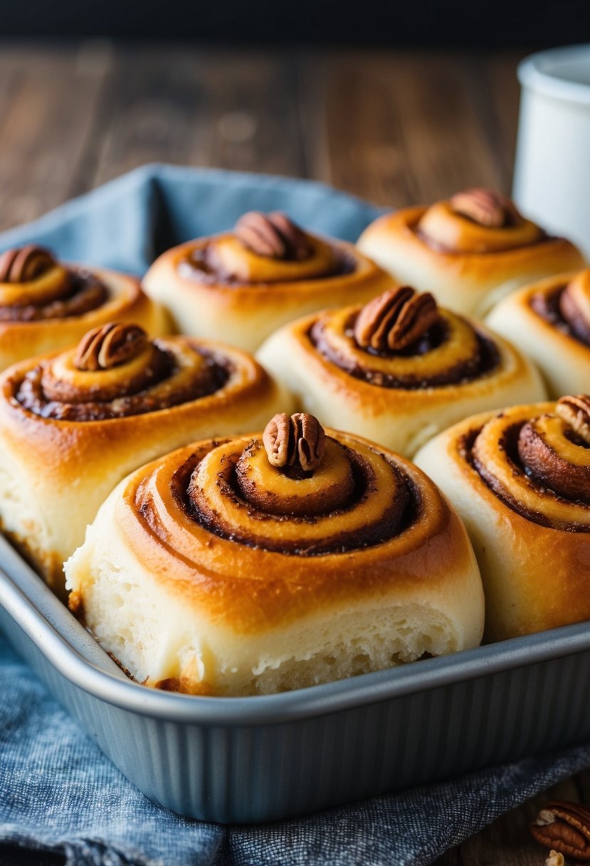 A warm, golden tray of cinnamon rolls, oozing with caramelized brown sugar and studded with crunchy pecans