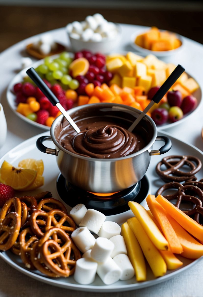 A table set with a variety of fruits, pretzels, and marshmallows surrounding a bubbling pot of rich, sweet and salty chocolate fondue