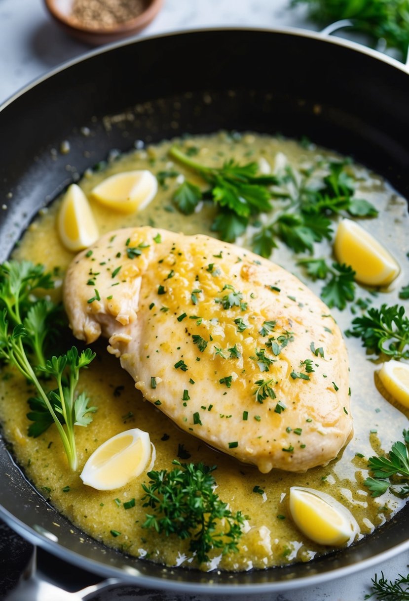 A creamy garlic chicken breast sizzling in a skillet, surrounded by fresh herbs and spices