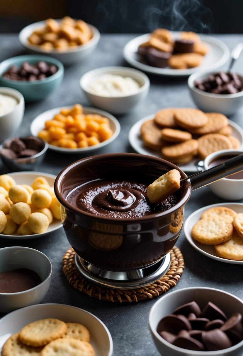 A table set with a variety of gluten-free dippables surrounding a bubbling pot of rich, dark chocolate fondue