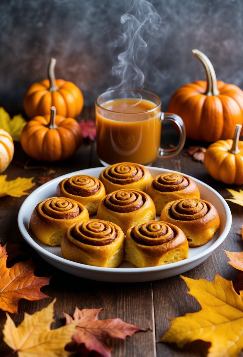 A warm, golden tray of pumpkin spice cinnamon rolls surrounded by autumn leaves and a steaming mug of spiced cider