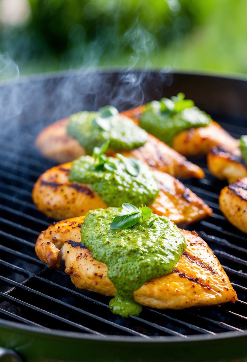 A sizzling chicken breast topped with vibrant green pesto sauce cooks on a hot grill, sending up mouthwatering aromas