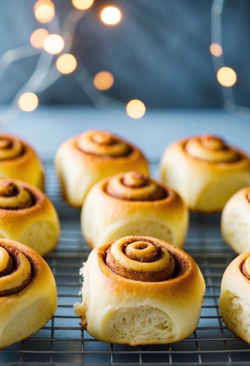 Freshly baked lemon zest cinnamon rolls sprinkled with extra cinnamon, cooling on a wire rack