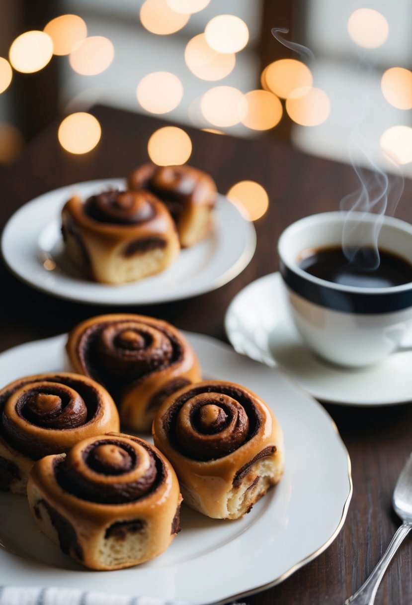 A table set with decadent chocolate cinnamon rolls and a steaming cup of coffee