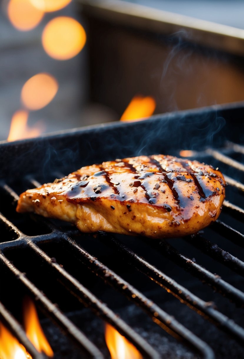 A charred BBQ chicken breast sizzling on a hot grill, with grill marks and a glossy glaze