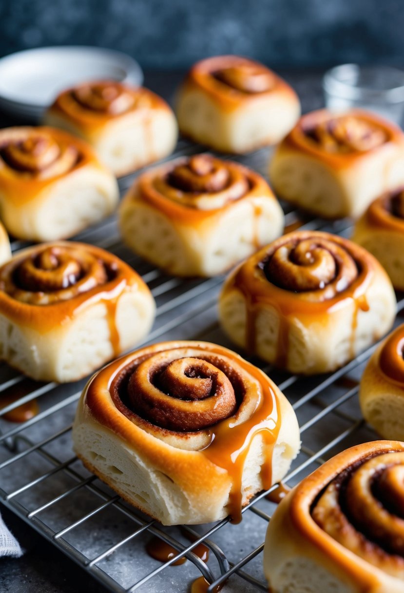 Freshly baked apple cinnamon rolls drizzled with caramel, cooling on a wire rack