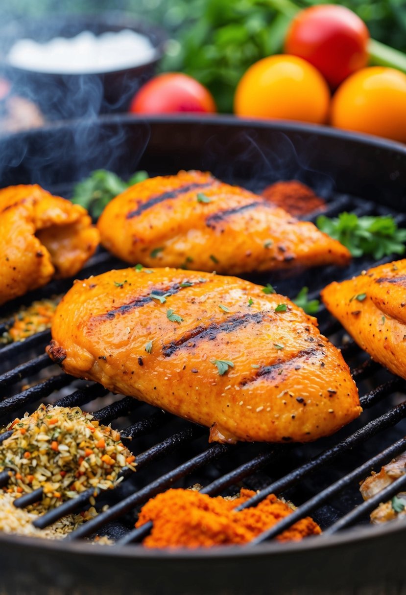 A sizzling buffalo chicken breast on a grill, surrounded by colorful spices and herbs