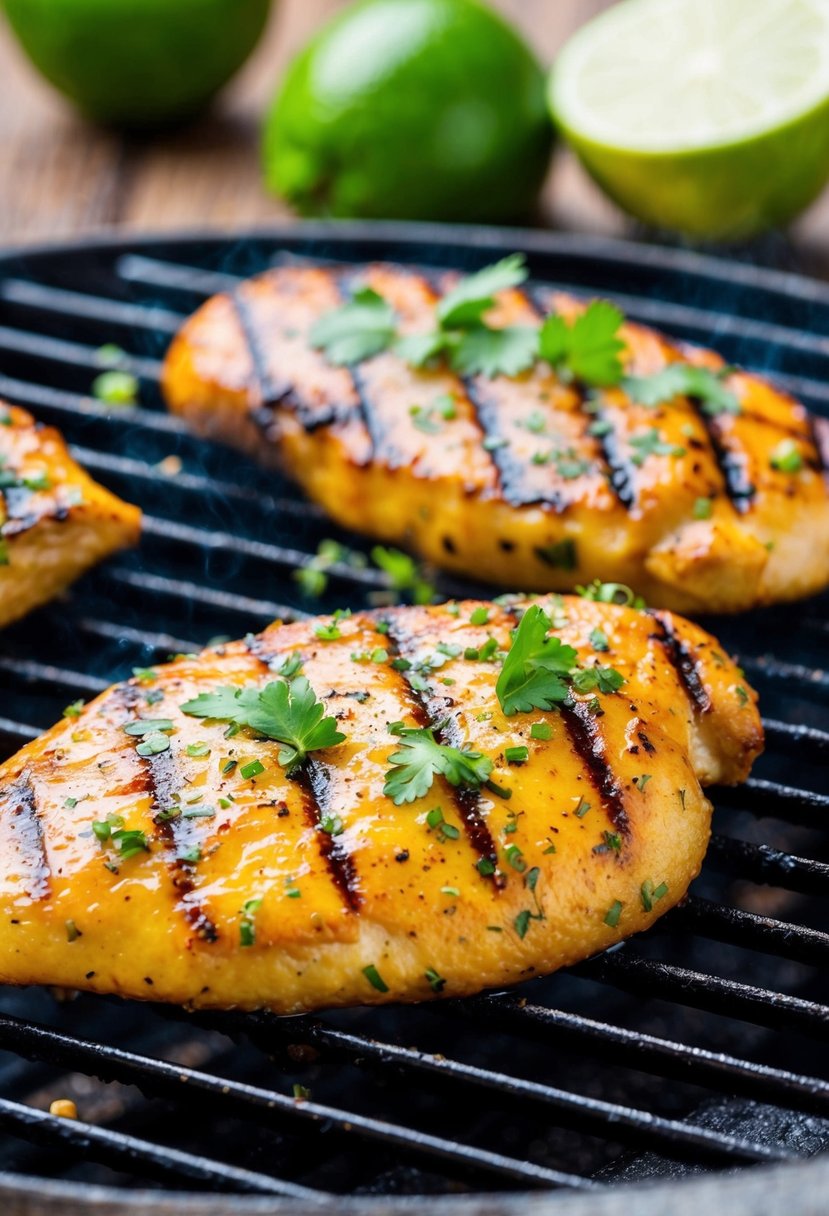 A sizzling chili lime chicken breast on a hot grill, with grill marks and a sprinkle of fresh herbs