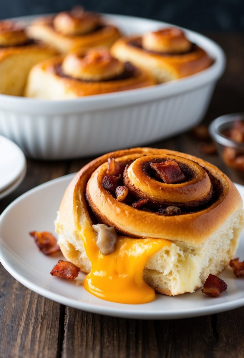 A golden-brown cinnamon roll oozing with melted cheese and crispy bacon bits