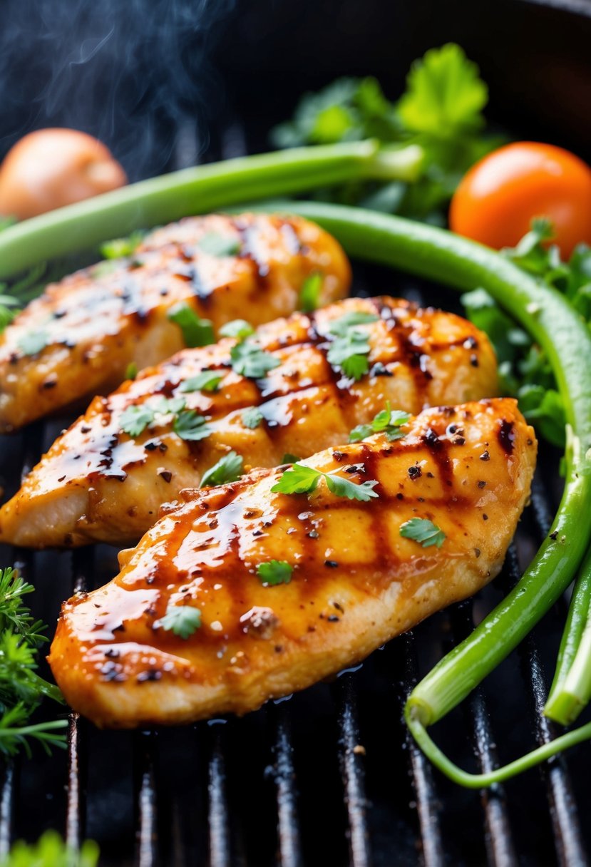 A sizzling teriyaki chicken breast on a grill, caramelized and glazed with sauce, surrounded by fresh vegetables and herbs