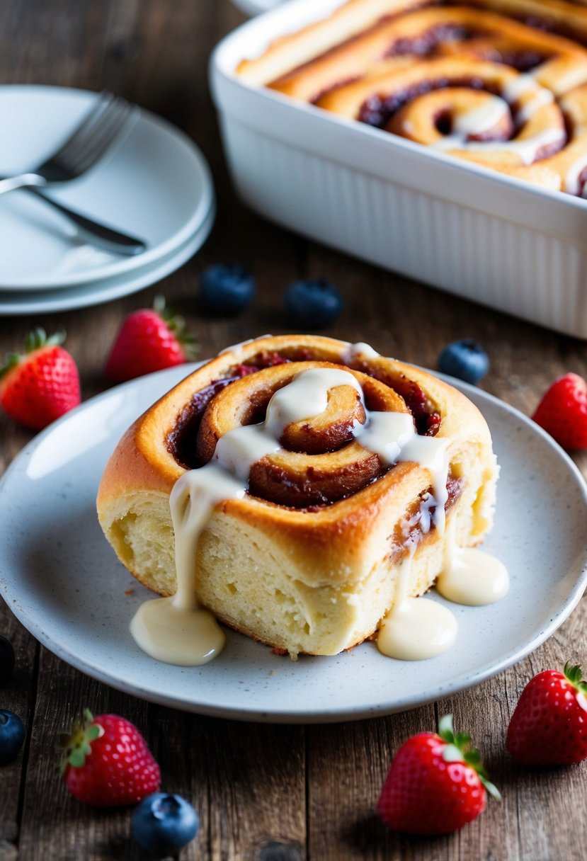 A warm, golden-brown cinnamon roll casserole sits on a rustic wooden table surrounded by fresh berries and a drizzle of creamy icing