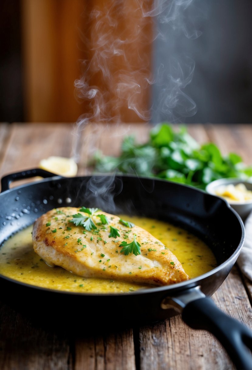 A sizzling chicken breast sizzling in a skillet with garlic butter sauce, emitting a savory aroma