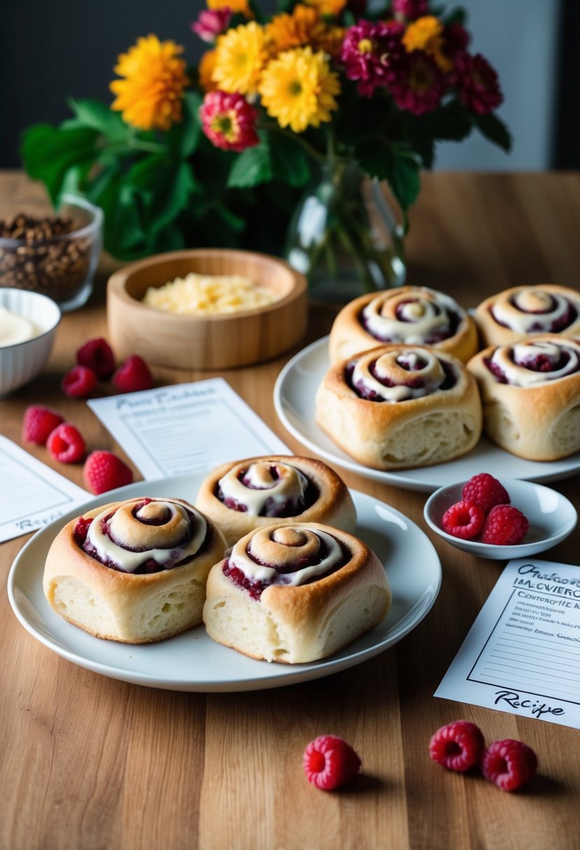 A table set with freshly baked raspberry and cream cheese cinnamon rolls, surrounded by ingredients and recipe cards