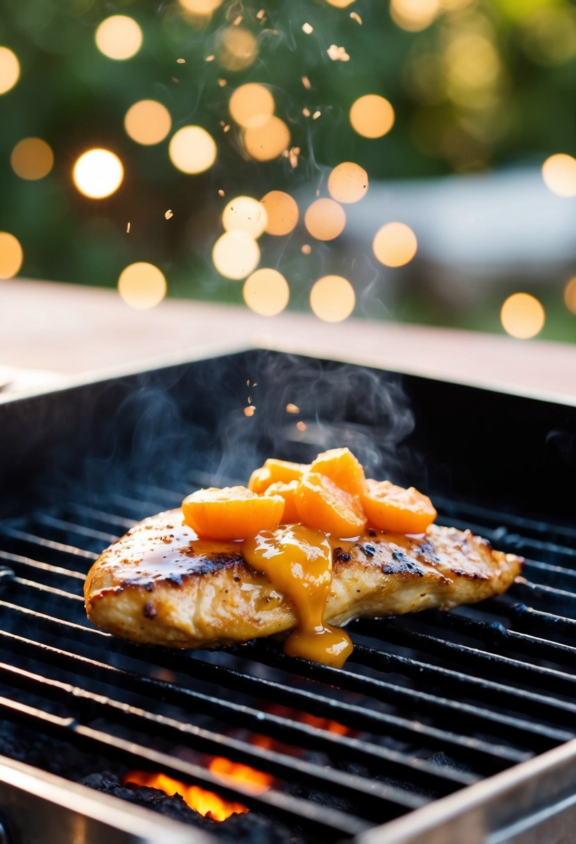 A succulent chicken breast glazed with apricot sauce sizzling on a hot grill