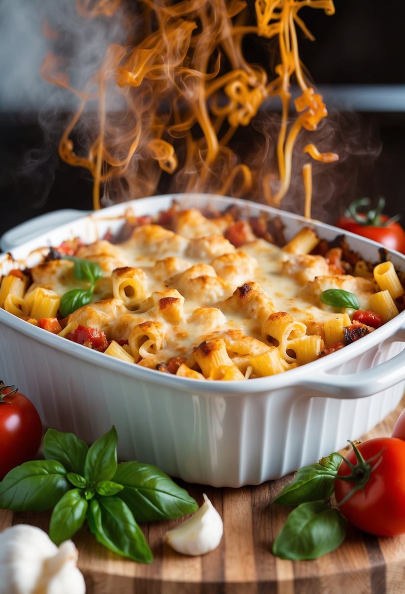 A steaming pasta casserole fresh out of the oven, golden brown and bubbling with melted cheese on top, surrounded by colorful ingredients like tomatoes, basil, and garlic