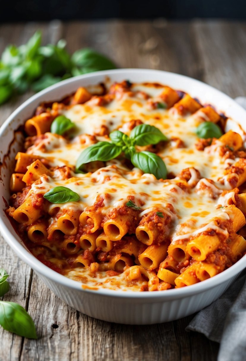 A bubbling hot casserole dish of baked ziti, topped with melted cheese and fresh basil, sits on a rustic wooden table