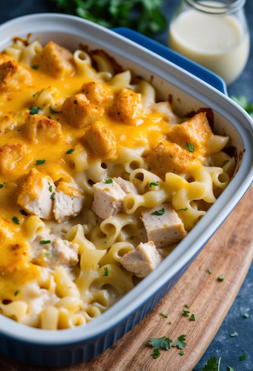 A bubbling casserole dish filled with creamy Alfredo sauce-coated pasta, chunks of tender chicken, and a golden, melted cheese topping