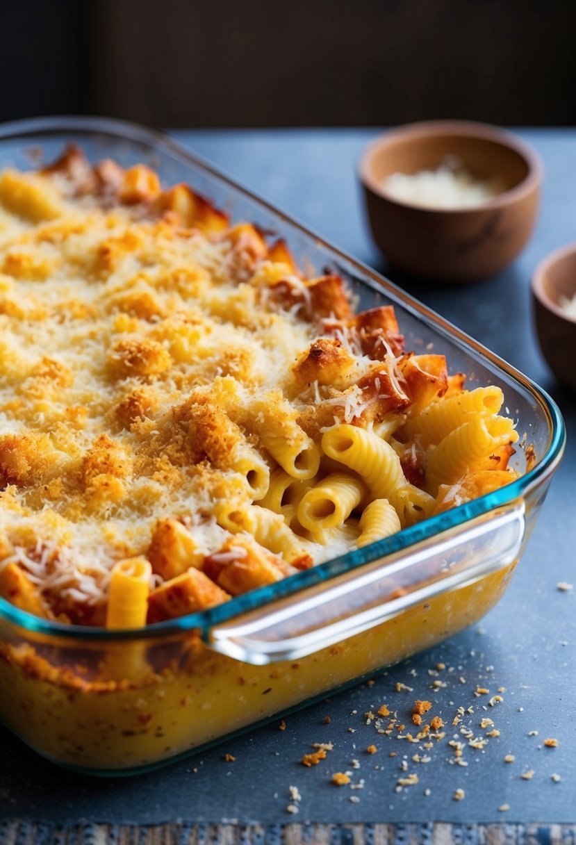 A bubbling pasta casserole sits in a glass baking dish, topped with melted cheese and golden breadcrumbs