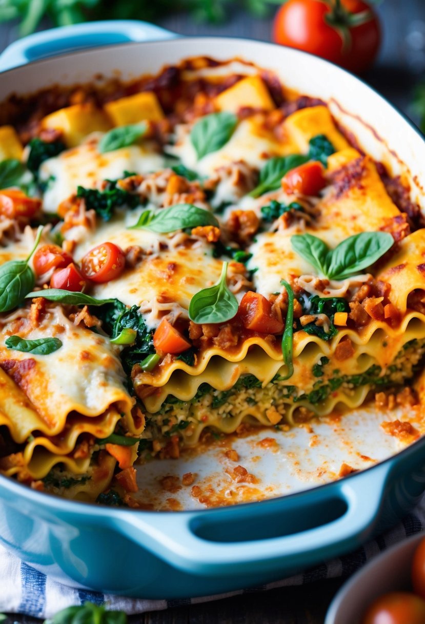 A bubbling casserole dish filled with layers of vegan lasagna, made with spinach pasta, fresh vegetables, and savory tomato sauce