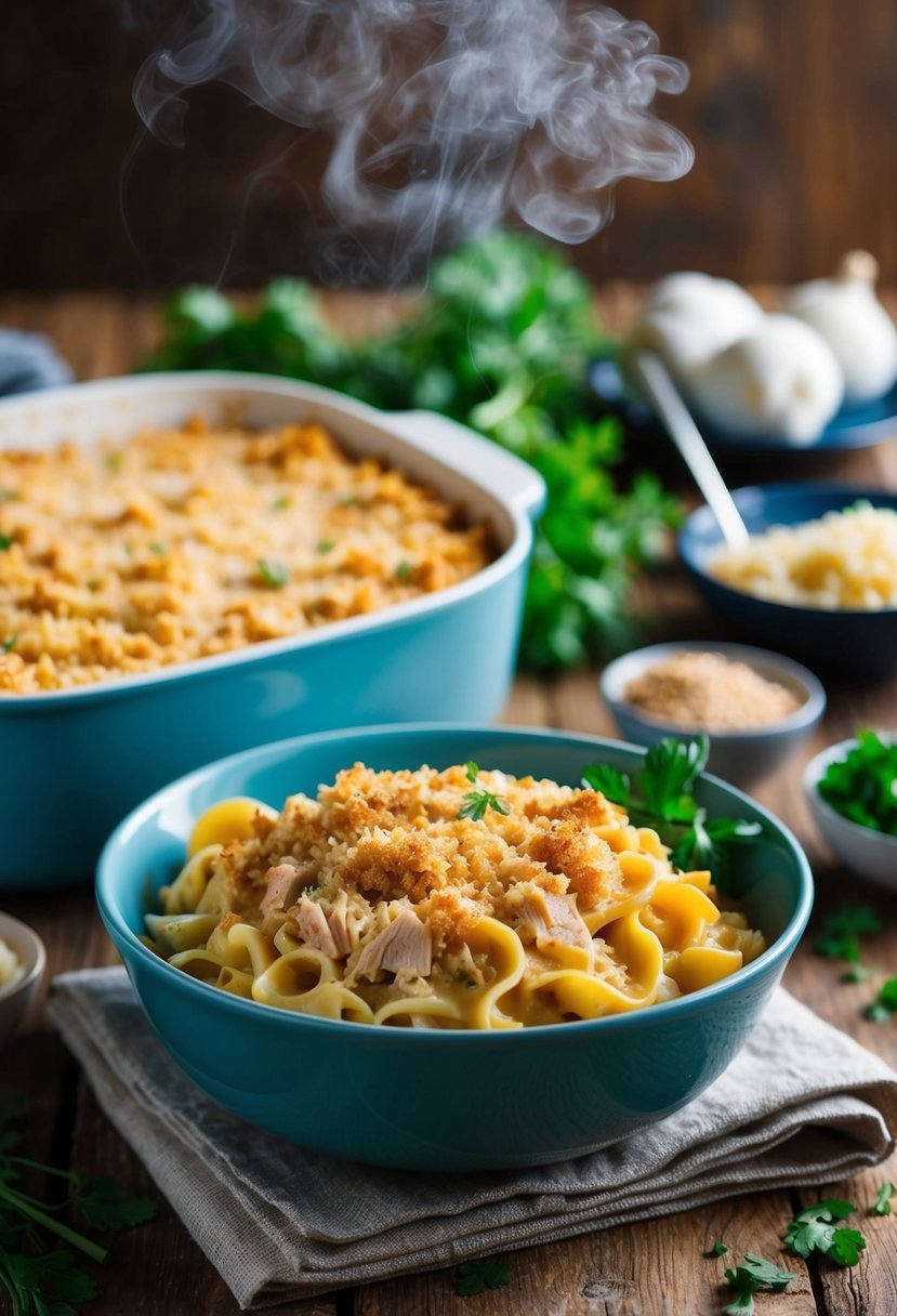 A steaming dish of creamy tuna noodle casserole, topped with golden breadcrumbs, sits on a rustic wooden table surrounded by fresh ingredients