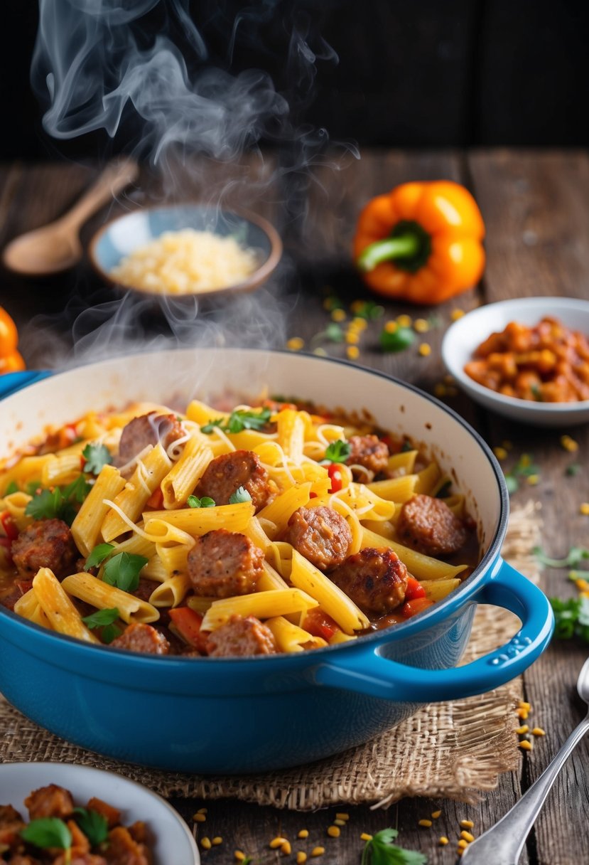 A steaming casserole dish filled with sausage and pepper pasta, surrounded by scattered ingredients and a rustic wooden table