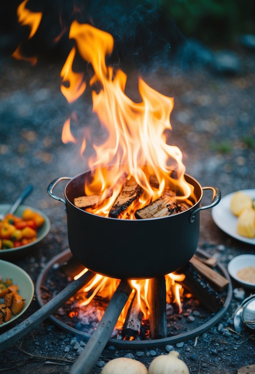 A cozy campfire with a pot cooking over it, surrounded by a few simple ingredients and cooking utensils