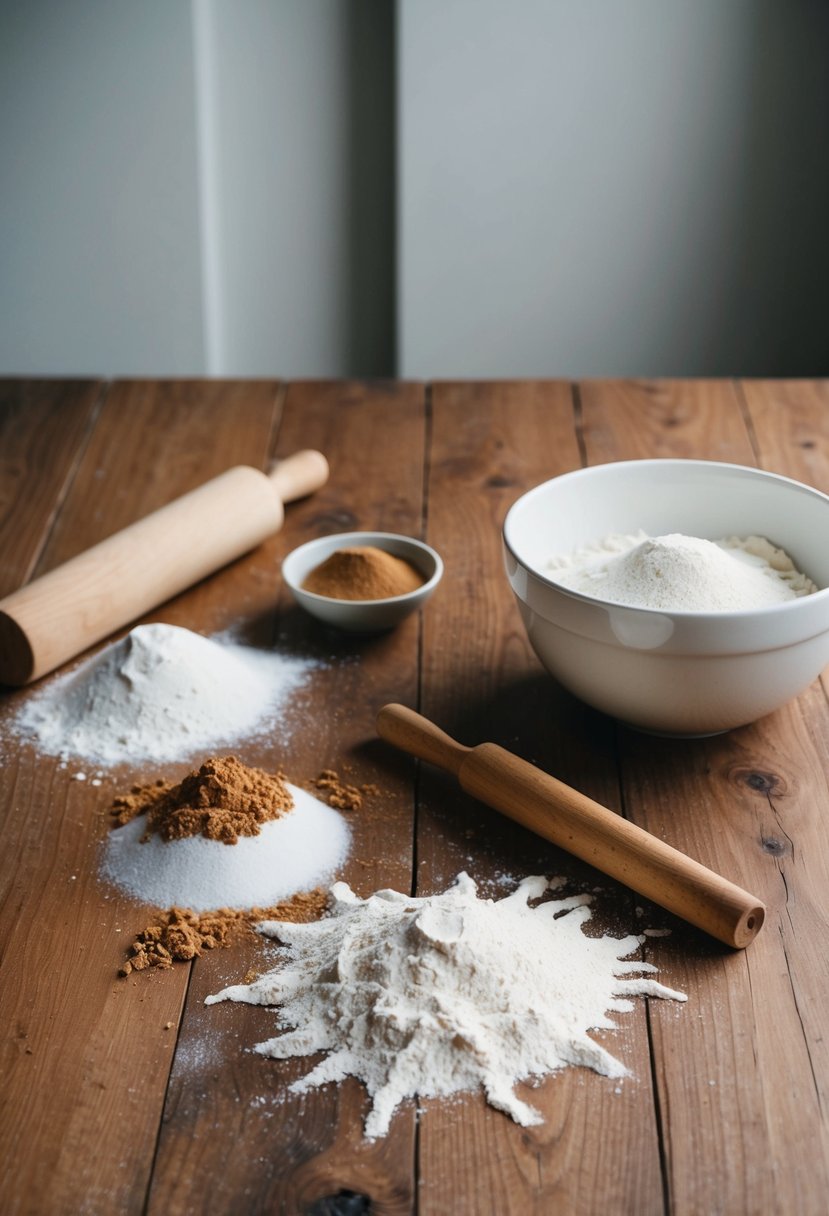 A wooden table with scattered ingredients: flour, sugar, and cinnamon, along with a mixing bowl and rolling pin